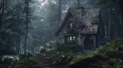 Enchanted Stone Cottage in the Misty Woods