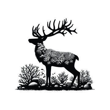 recommend clip art: silhouette of Reindeer filled with underwater view with coral in rough drawing,