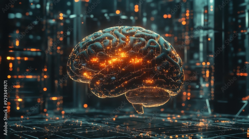 Poster digital high tech brain. digital artificial intelligence illustration depicting the concept of advan