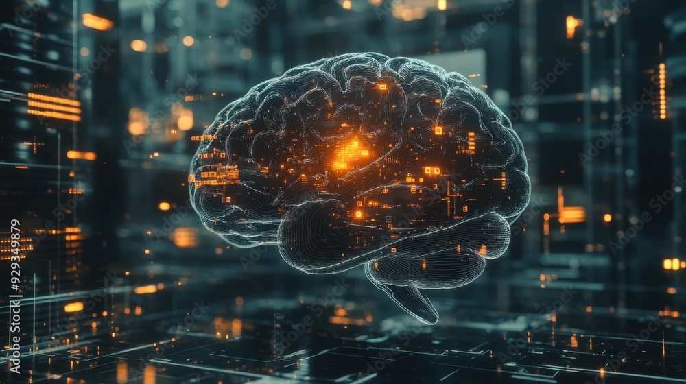 Poster digital high tech brain. digital artificial intelligence illustration depicting the concept of advan