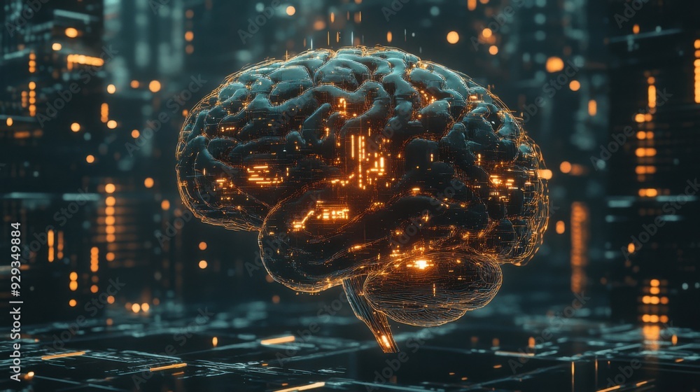 Poster digital high tech brain. digital artificial intelligence illustration depicting the concept of advan