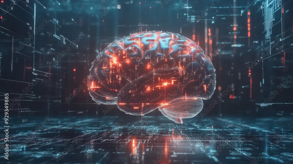 Poster digital high tech brain. digital artificial intelligence illustration depicting the concept of advan