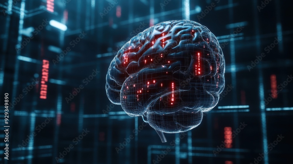 Poster digital high tech brain. digital artificial intelligence illustration depicting the concept of advan