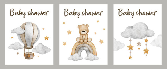 Set of baby shower invitation. Greeting card with teddy bear, Hot Air Balloon, clouds and stars. New born celebration. Template of newborn's party invitation. Watercolor hand drawn illustration.