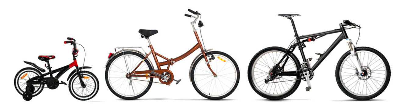 A set of different bicycles, on a white background.