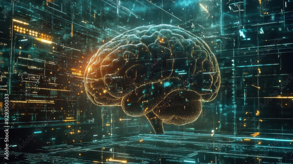 Poster digital high tech brain. digital artificial intelligence illustration depicting the concept of advan