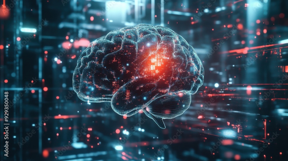 Poster digital high tech brain. digital artificial intelligence illustration depicting the concept of advan