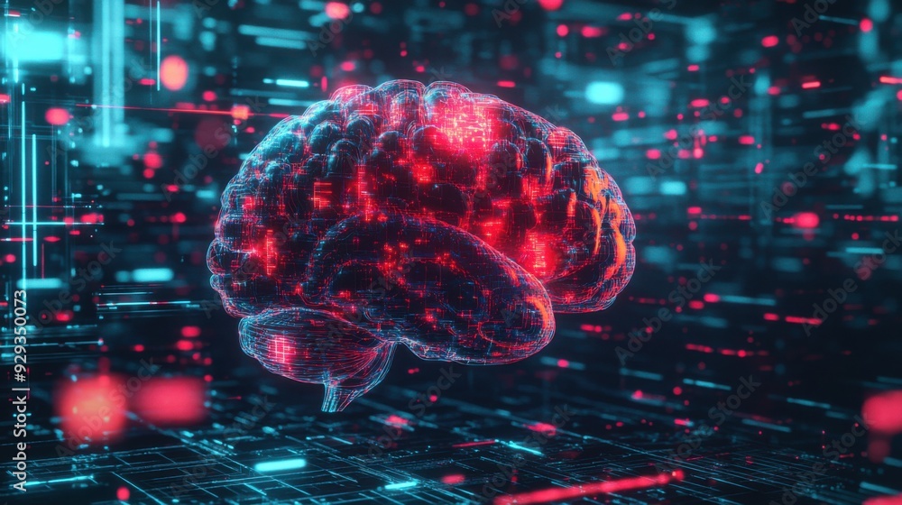 Poster digital high tech brain. digital artificial intelligence illustration depicting the concept of advan