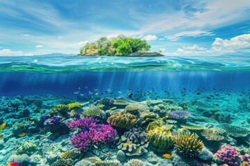Colorful coral reef with tropical fish and seaweed, featuring a small island in the distance