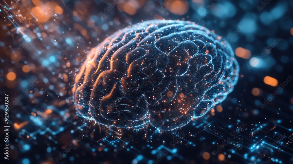 Poster digital high tech brain. digital artificial intelligence illustration depicting the concept of advan