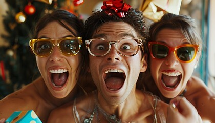 A joyful celebration with three people wearing sunglasses and festive decorations.