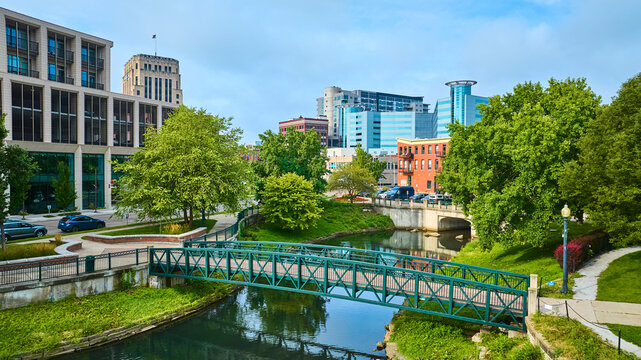 Aerial View of Green Pedestrian Bridge Over Arcadia Creek in Downtown Kalamazoo