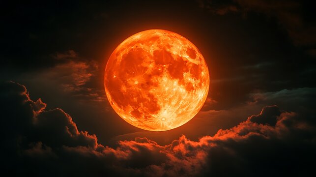 Full, glowing orange moon in dark sky with clouds.
