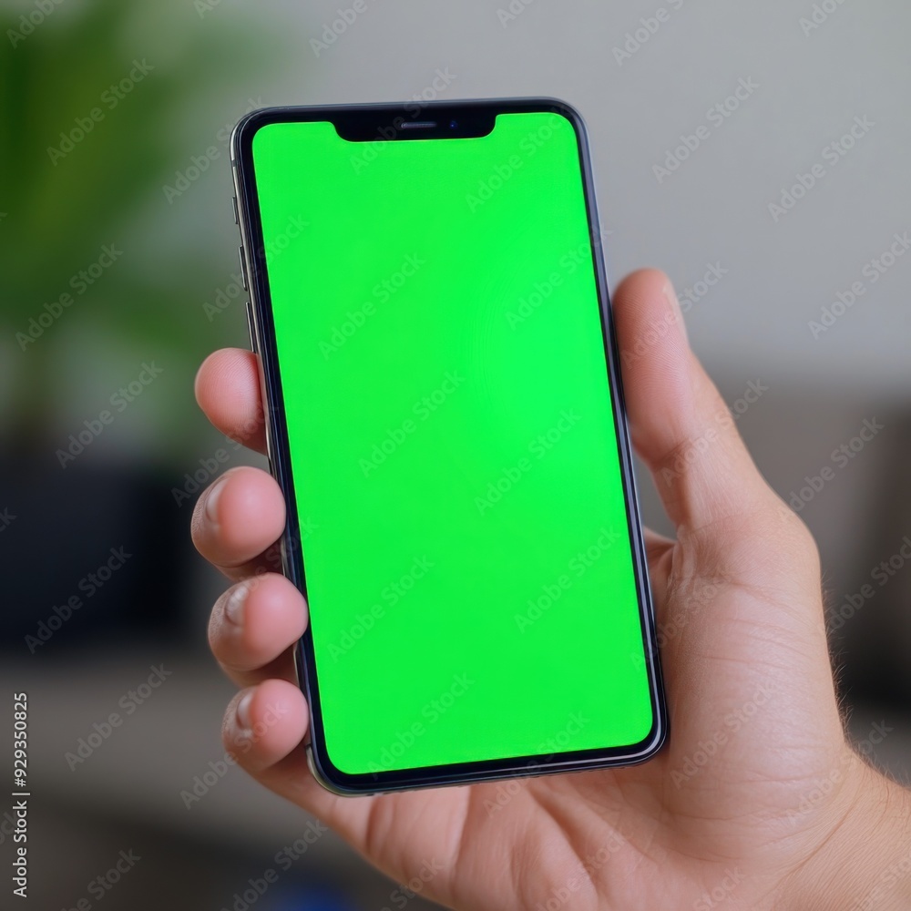 Wall mural close up of hand holding smartphone with blank green screen. mockup hand holds a smartphone with a g