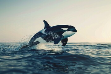 Naklejka premium A black orca breaches the ocean surface in a dramatic display
