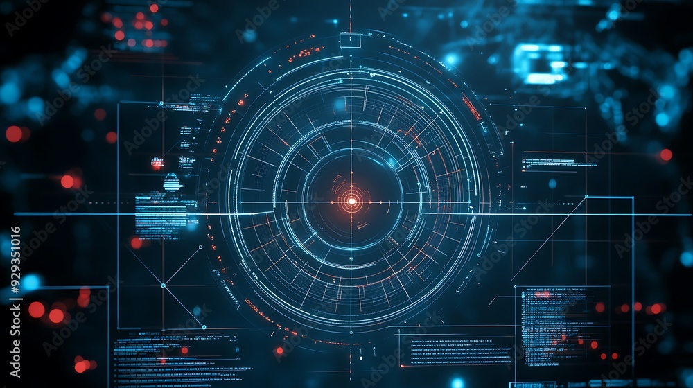 Poster futuristic hud interface with glowing blue and red circles and lines on a dark background.