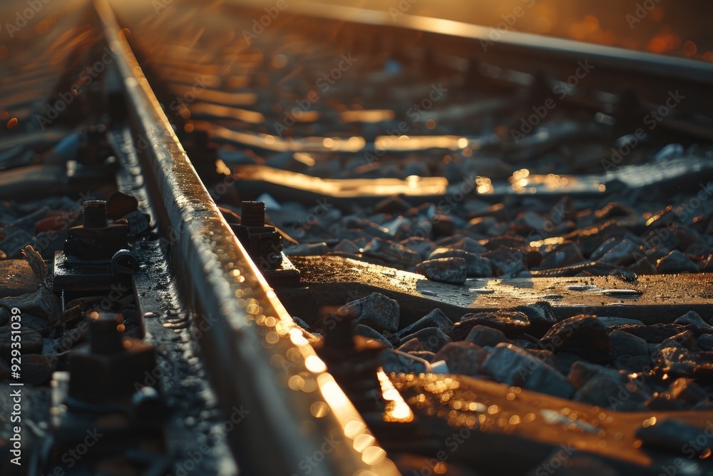 Aufkleber close-up of a train track with water on the surface, suitable for use in travel or transportation-re