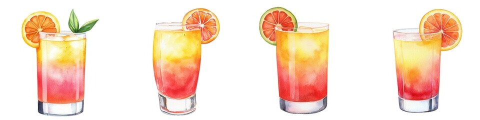 Colorful cocktails featuring vibrant layers and garnishes, perfect for summer gatherings and refreshing beverages.
