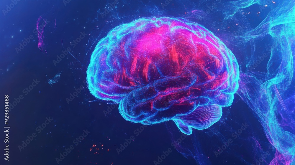 Poster close up of brain technology, artificial intelligence concept. illustration with colorful splash iso