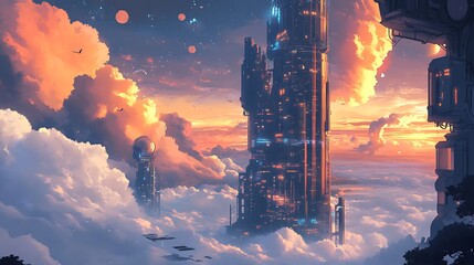 Futuristic skyscrapers pierce through fluffy clouds at sunset.