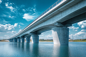 A concrete bridge crossing a tranquil river with clear blue skies and reflections in the water