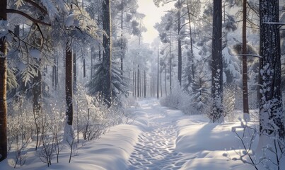 Fototapeta premium Snowshoeing through a tranquil, snow-covered forest trail