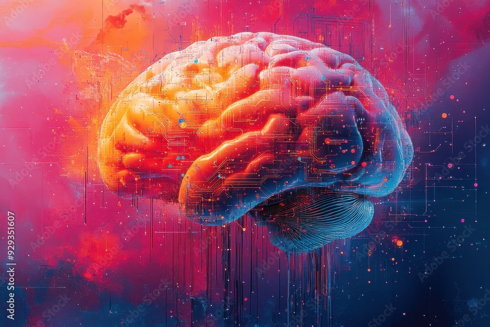 Poster close up of brain technology, artificial intelligence concept. illustration with colorful splash iso