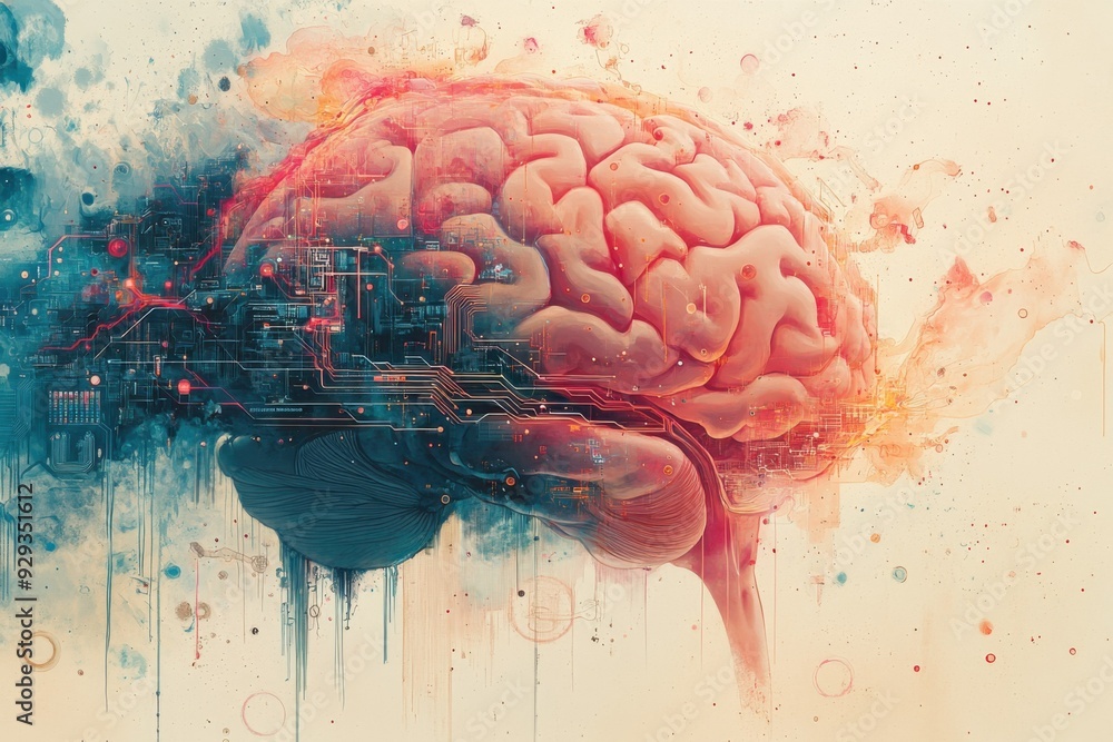 Poster close up of brain technology, artificial intelligence concept. illustration with colorful splash iso