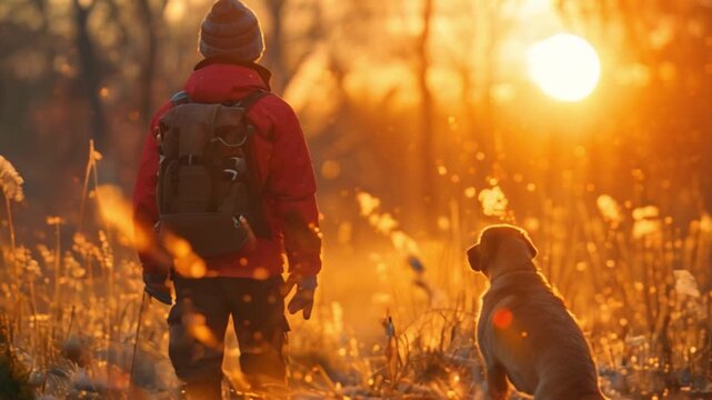 This person and a dog walk through a forest as the sun sets. Hunting season
