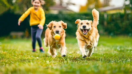 Joyful Golden Retriever dog running and playing fetch with a ball in a lush green meadow while a child can be seen in the background