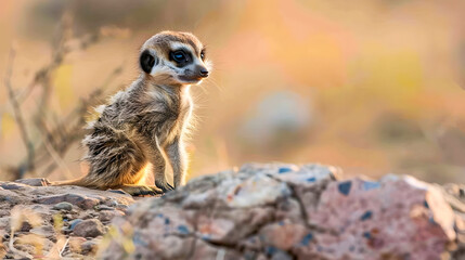 Fototapeta premium Curious and alert meerkat or suricate cub standing on a rocky outcrop in a dry grassy savannah environment