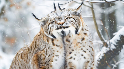 Obraz premium Captivating Lynx Couple Embracing in Snowy Landscape Two majestic lynxes sharing a moment of affection amidst the winter wonderland showcasing the beauty and grace of these iconic feline predators