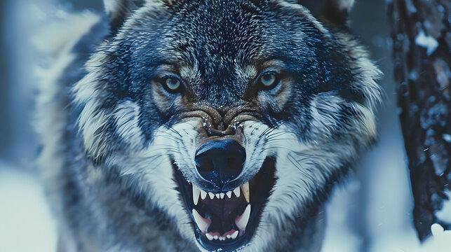 Close up of a fierce wolf s open jaws with sharp teeth on display surrounded by the icy snowy forest  The predator s intense piercing gaze and aggressive stance convey its raw power and ferocity