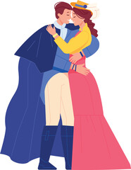 Romantic couple in historical costumes embrace. Fantasy love