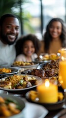A joyful family shares a special meal featuring various dishes and candles creating a warm atmosphere