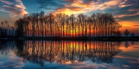Obraz premium Silhouetted Trees and Water Reflections in Beautiful Sunset Scene by the Lake