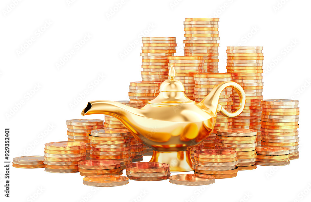 Aufkleber aladdin magic lamp with heap of golden coins, 3d rendering isolated on transparent background