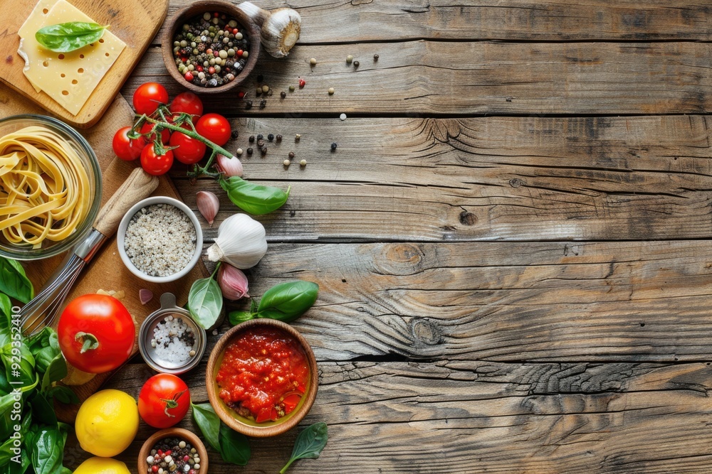 Poster a wooden table filled with diverse types of food, ideal for a buffet or picnic setting