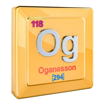 Oganesson Og, chemical element sign with number 118 in periodic table. 3D rendering isolated on transparent background