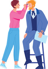 Makeup artist preparing actor for scene shooting. Film crew character