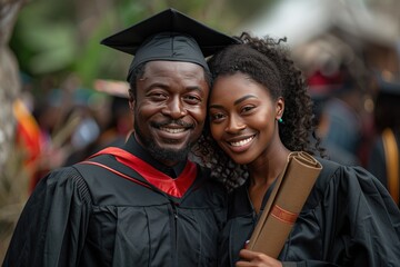 Fototapeta premium Two graduates, a man and a woman, are smiling and posing for a picture.
