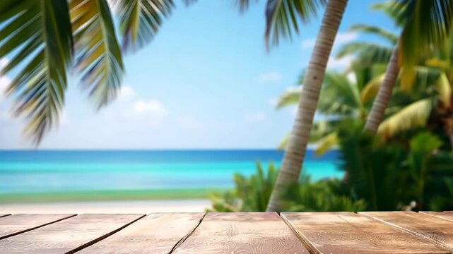 Empty wooden table top with blurred beach ocean sea tropical background, suitable for product presentation backdrop, display, mock up