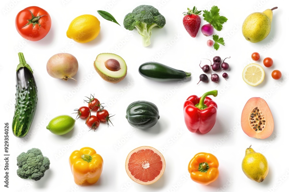 Poster a colorful arrangement of various fruits and vegetables on a white background