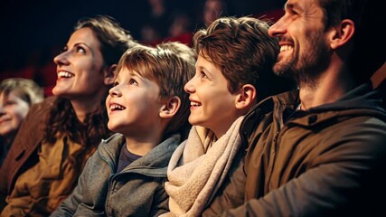 A joyful evening unfolds as families watch an engaging performance, captivated by the moments shared and laughter echoing through the warm theater atmosphere