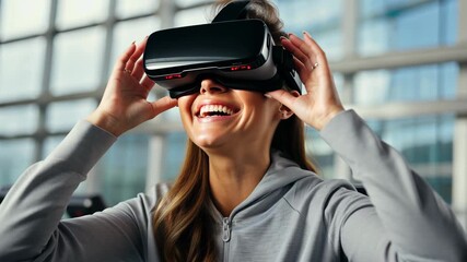 A woman delights in an immersive virtual reality workout, laughing and enjoying the interactive experience in a contemporary fitness environment