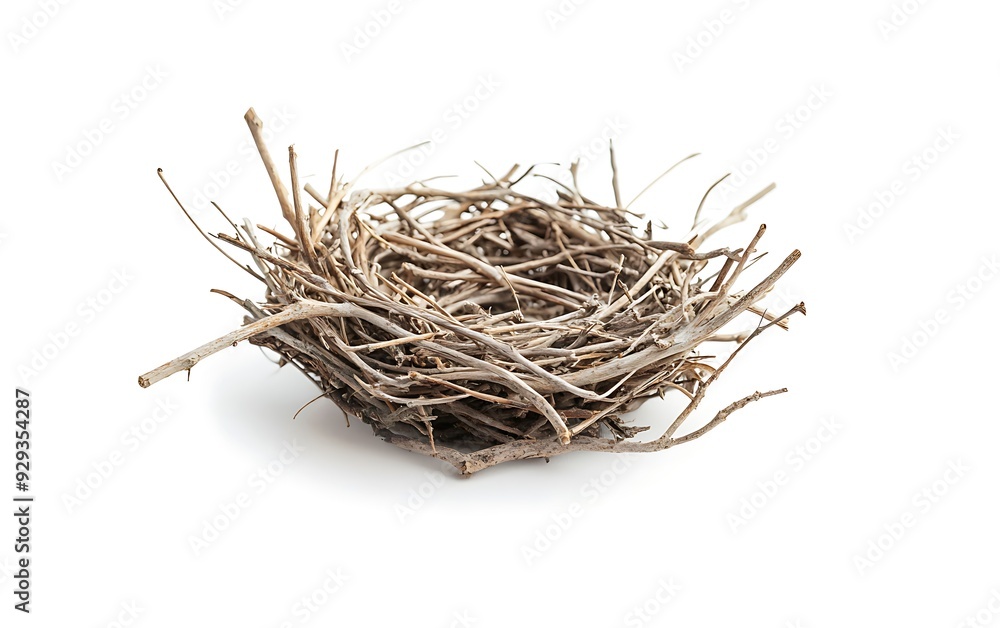 Poster empty bird nest made of twigs isolated on a white background.