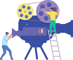 Video production concept. Cinema filming crew illustration
