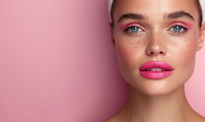 Fototapeta premium Beautiful Woman’s Face with Professional Makeup - Decorative Cosmetics Advertising Banner with Text Space