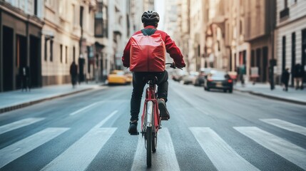 A delivery worker rides a bike confidently along a bustling city street full of cars and pedestrians