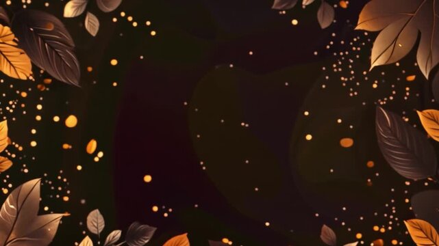 A dark background with golden leaves and sparkling lights.